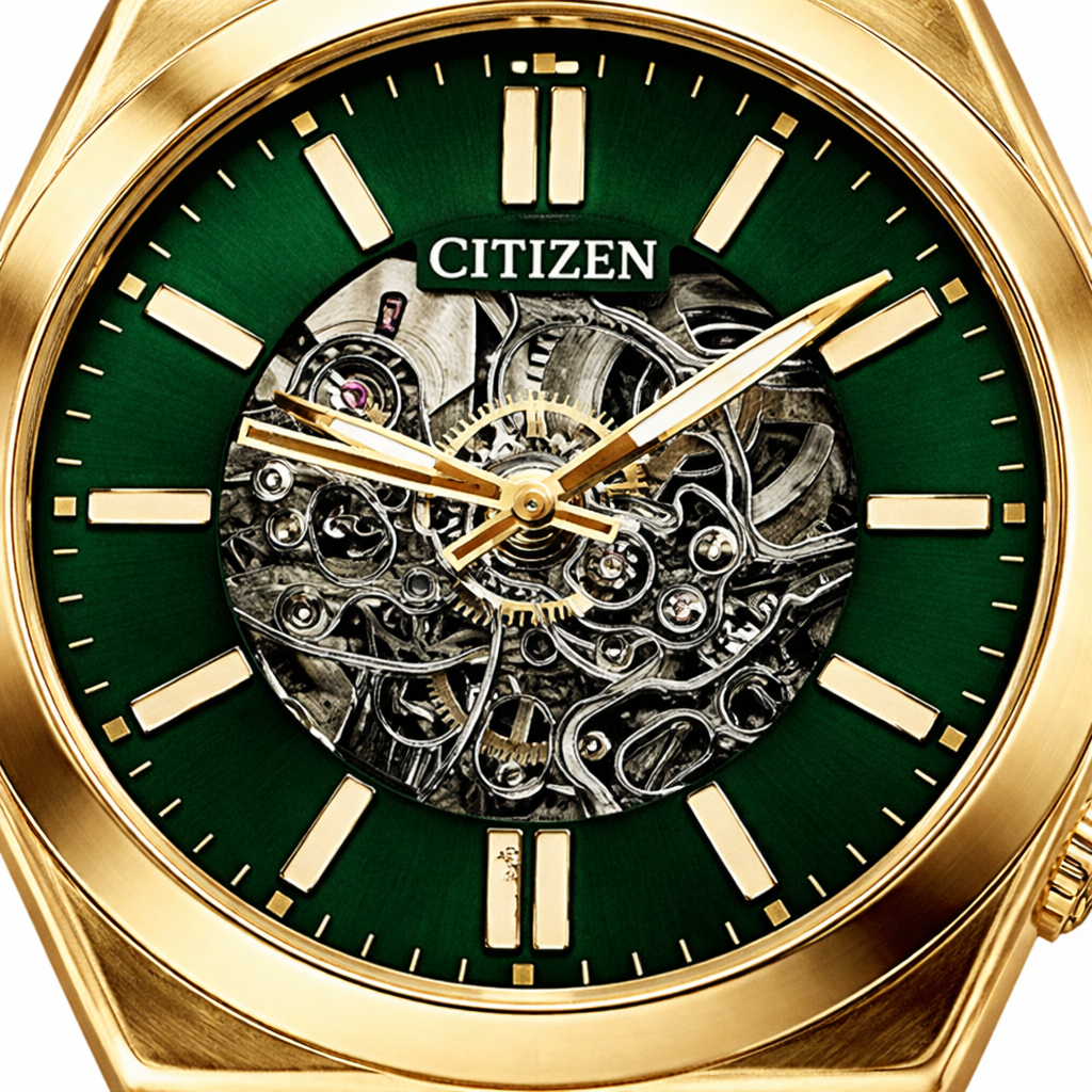 Citizen Open-Heart Automatic Gold Case Emerald Dial Steel Bracelet