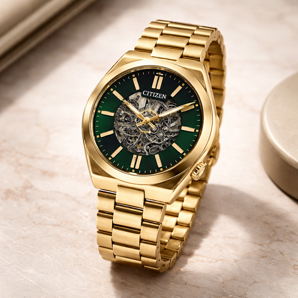 Citizen Open-Heart Automatic Gold Case Emerald Dial Steel Bracelet