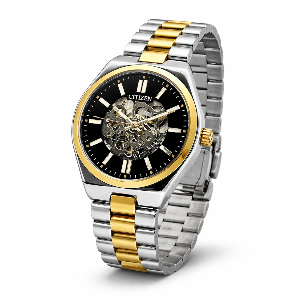 Citizen Skeleton Automatic Style Two-Tone Silver Gold Stainless Steel Bracelet Watch