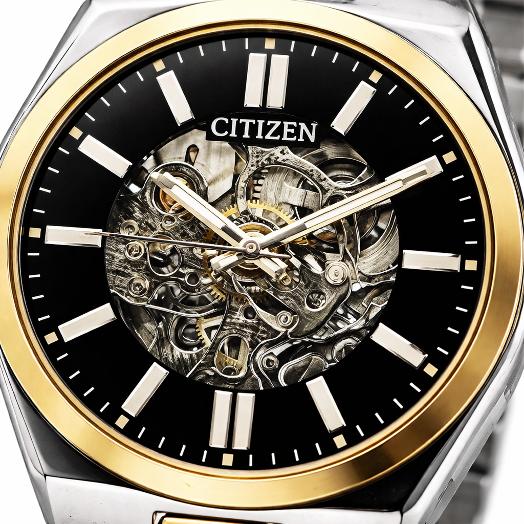 Citizen Skeleton Automatic Style Two-Tone Silver Gold Stainless Steel Bracelet Watch