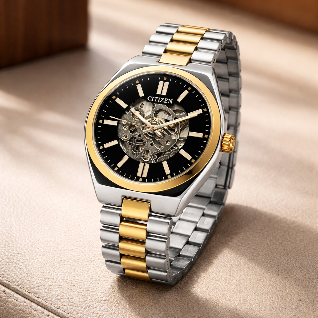 Citizen Skeleton Automatic Style Two-Tone Silver Gold Stainless Steel Bracelet Watch