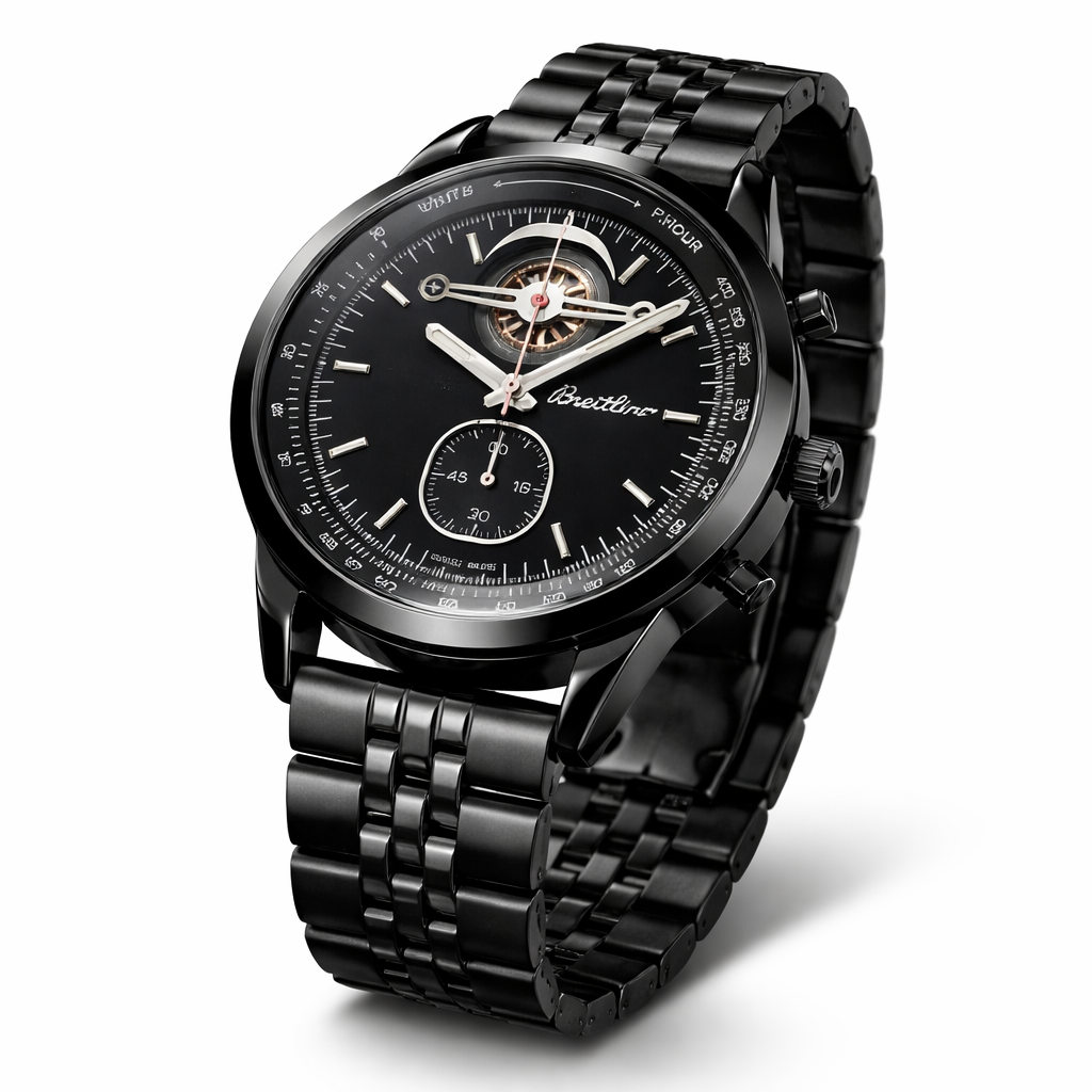 Breitling Black Open-Heart Mechanical Watch – Black Case Steel Bracelet