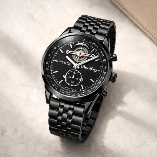 Breitling Black Open-Heart Mechanical Watch – Black Case Steel Bracelet