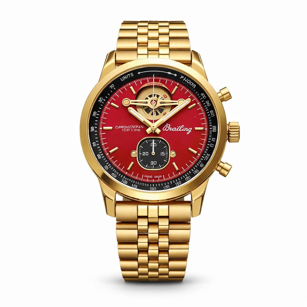 Breitling Open-Heart Chronograph Style Gold Case Red Dial Gold Stainless Steel Bracelet