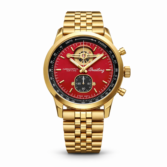 Breitling Open-Heart Chronograph Style Gold Case Red Dial Gold Stainless Steel Bracelet