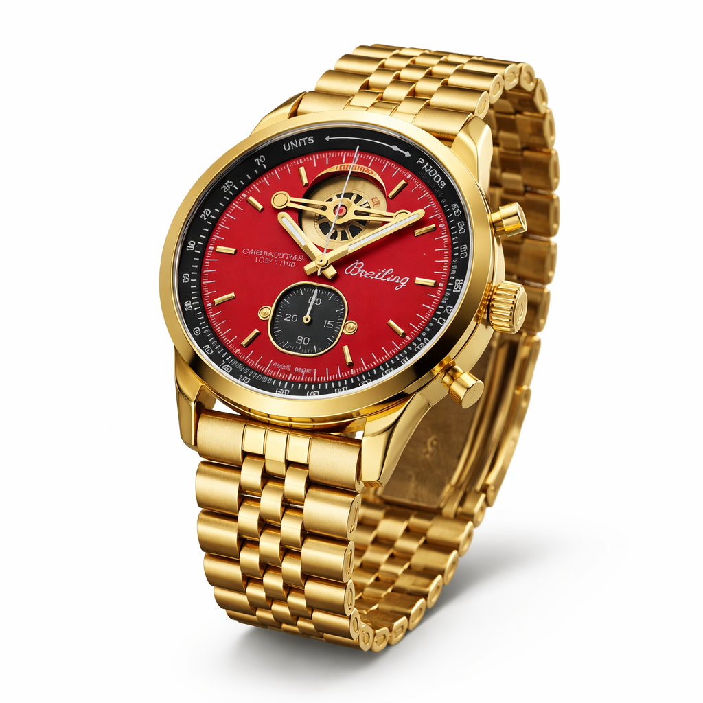 Breitling Open-Heart Chronograph Style Gold Case Red Dial Gold Stainless Steel Bracelet