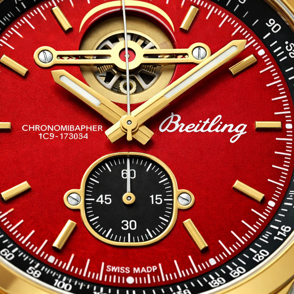 Breitling Open-Heart Chronograph Style Gold Case Red Dial Gold Stainless Steel Bracelet