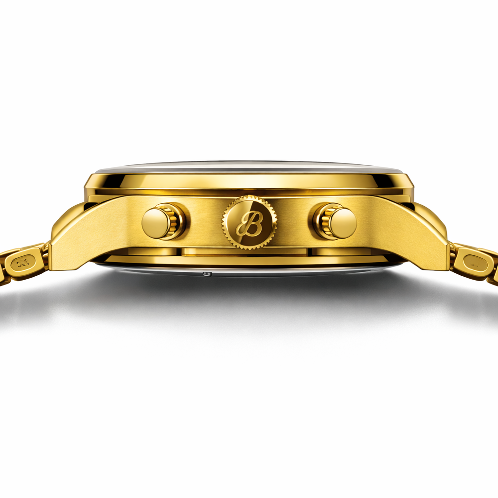 Breitling Open-Heart Chronograph Style Gold Case Red Dial Gold Stainless Steel Bracelet