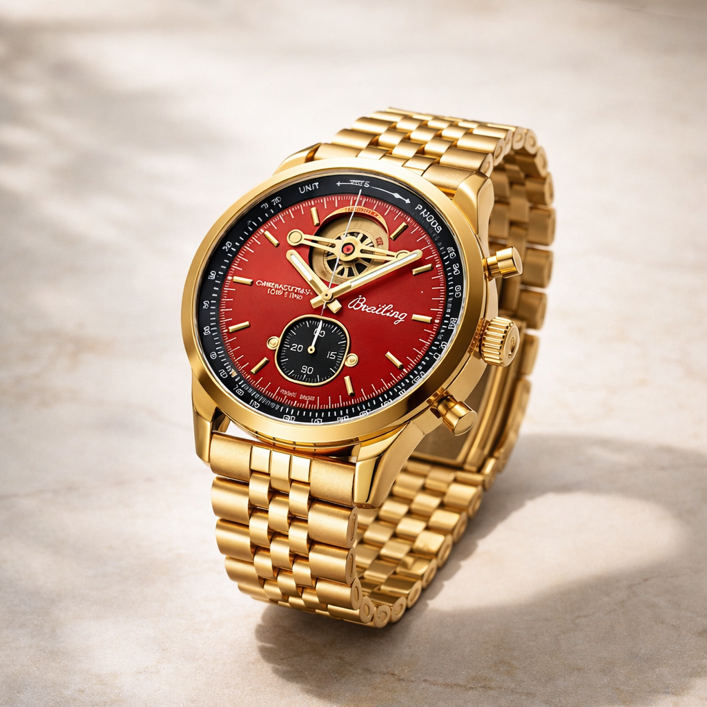 Breitling Open-Heart Chronograph Style Gold Case Red Dial Gold Stainless Steel Bracelet