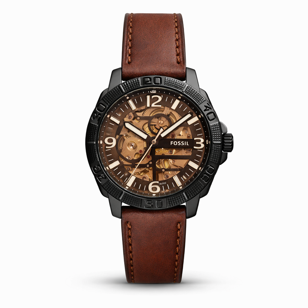 Fossil Automatic Skeleton Brown Dial Black Case Brown Leather Strap
