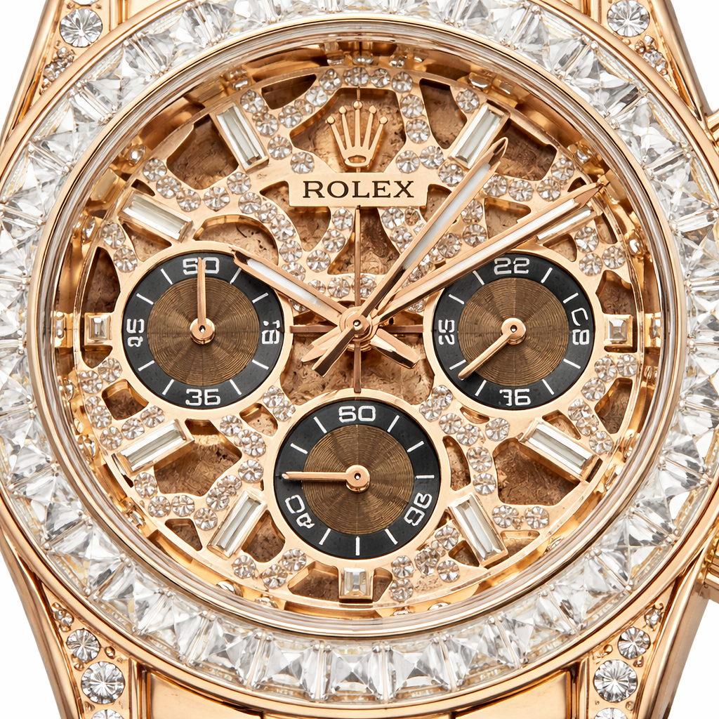 Elite Skeleton Chronograph Watch – Rose Gold Diamond Case Black Rubber Strap