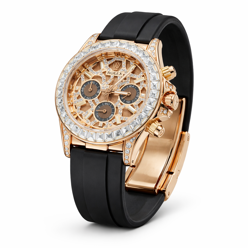 Elite Skeleton Chronograph Watch – Rose Gold Diamond Case Black Rubber Strap