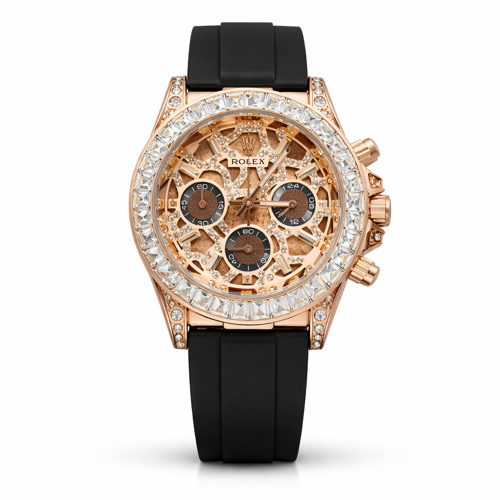 Elite Skeleton Chronograph Watch – Rose Gold Diamond Case Black Rubber Strap
