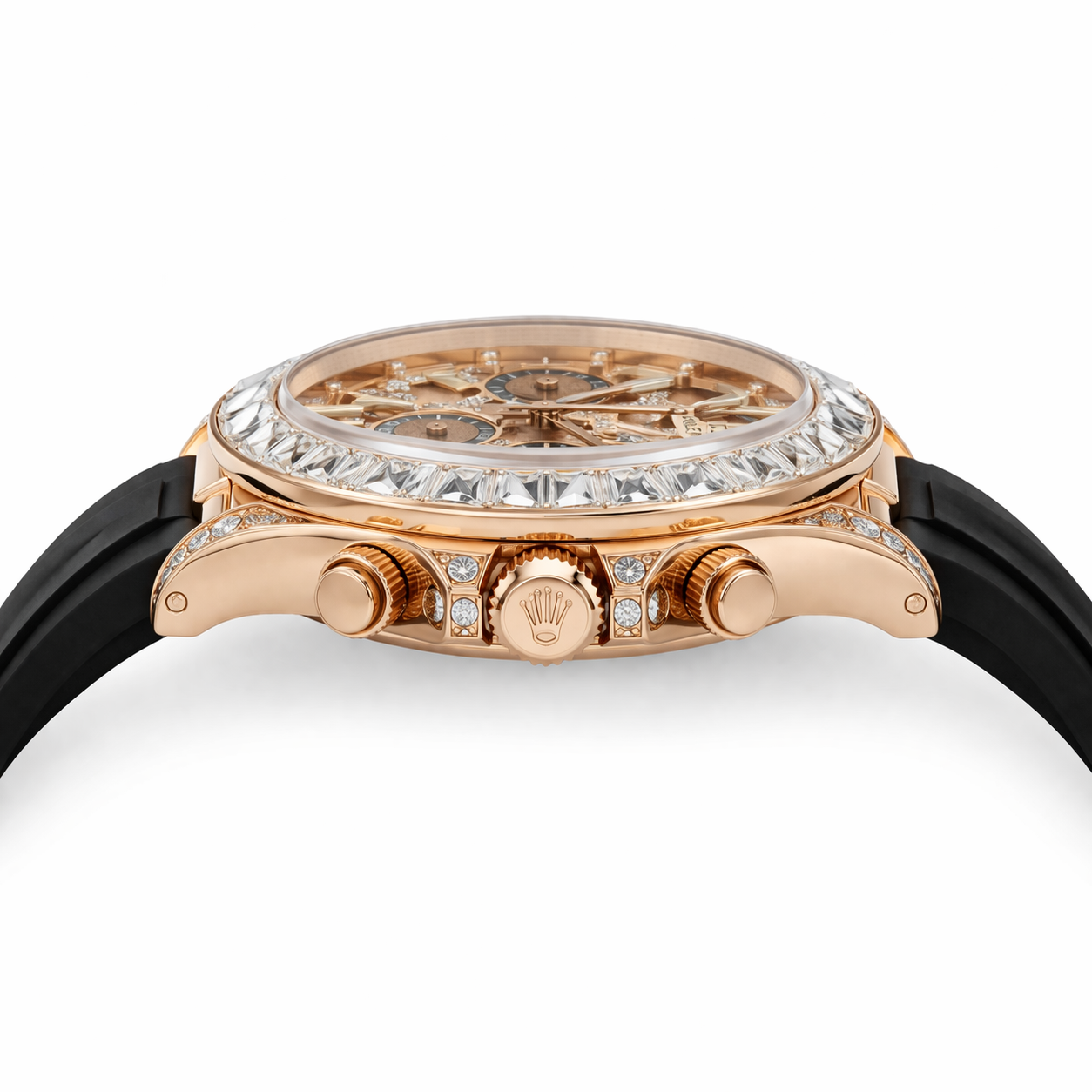 Elite Skeleton Chronograph Watch – Rose Gold Diamond Case Black Rubber Strap