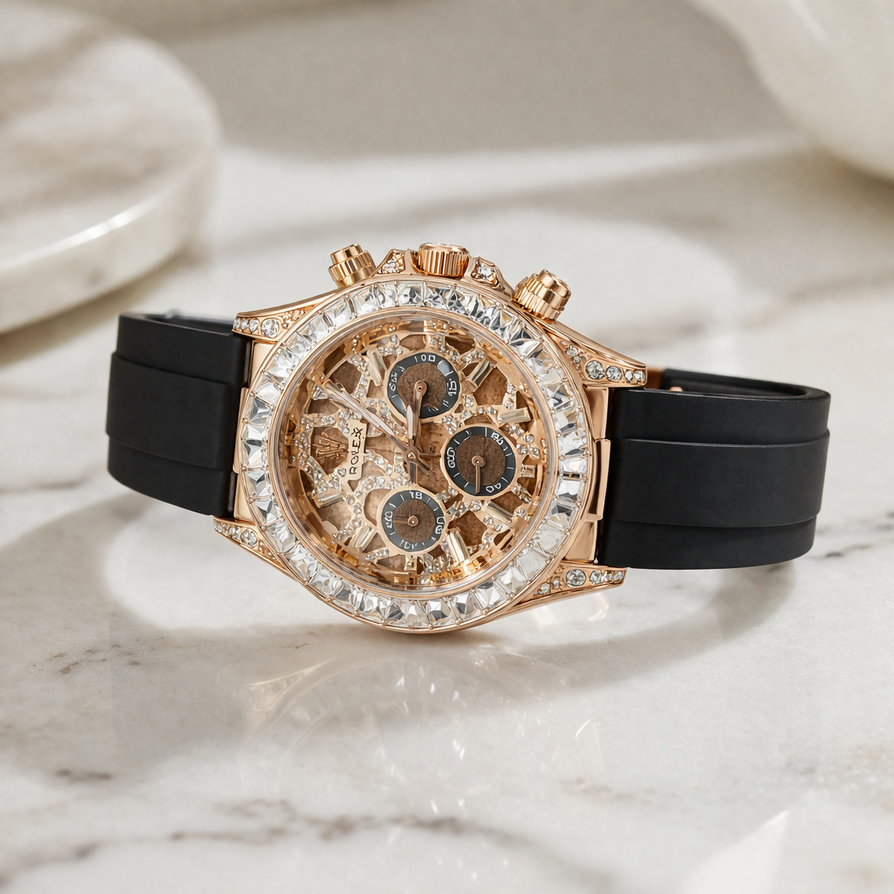 Elite Skeleton Chronograph Watch – Rose Gold Diamond Case Black Rubber Strap