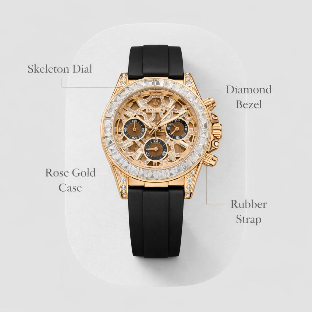 Elite Skeleton Chronograph Watch – Rose Gold Diamond Case Black Rubber Strap