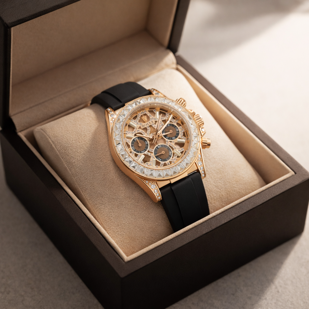 Elite Skeleton Chronograph Watch – Rose Gold Diamond Case Black Rubber Strap