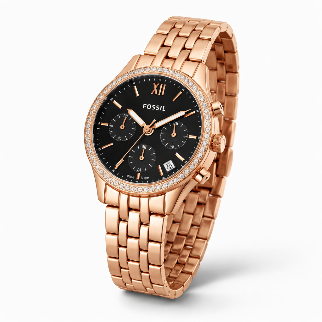 Fossil Chronograph Crystal Bezel Black Dial Rose Gold Stainless Steel Bracelet