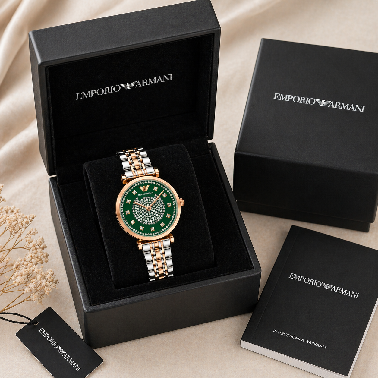 Emporio Armani Emerald Crystal Dial Watch – Rose Gold Case Dual-Tone Stainless Steel Bracelet