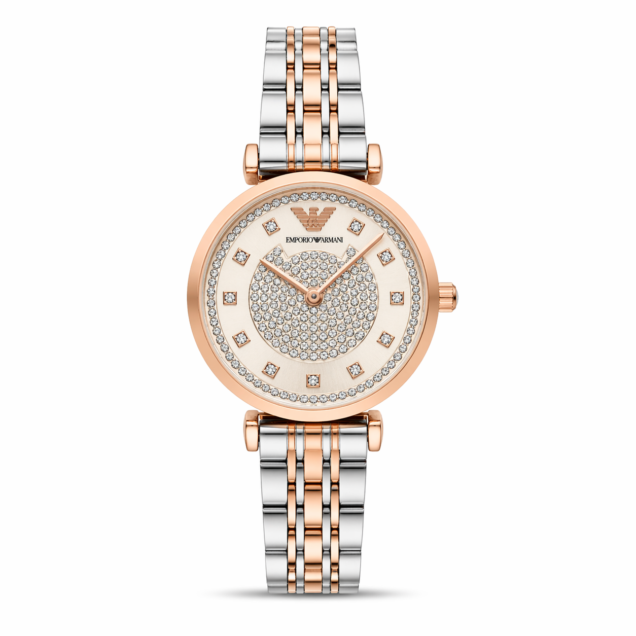 Emporio Armani Crystal Ring Dial Watch – Rose Gold Case Dual-Tone Stainless Steel Bracelet