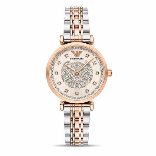 Emporio Armani Crystal Ring Dial Watch – Rose Gold Case Dual-Tone Stainless Steel Bracelet