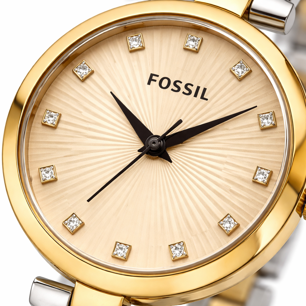 Fossil Elegant Crystal Dial Gold Case Two-Tone Bracelet