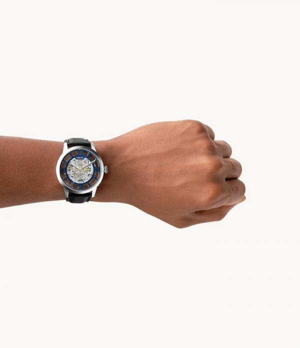 Fossil Skeleton Roman Dial Silver Case Black Leather Watch