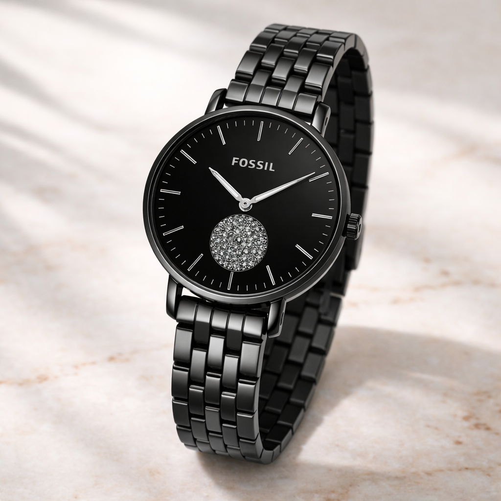Fossil Minimal Black Dial Crystal Accent Black Stainless Steel Bracelet