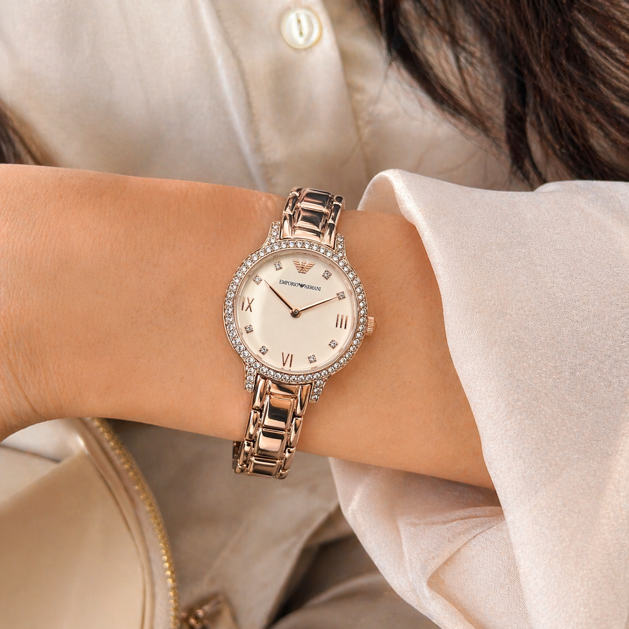 Emporio Armani Crystal Bezel Classic – Rose Gold Case Ivory Dial Stainless Steel Bracelet