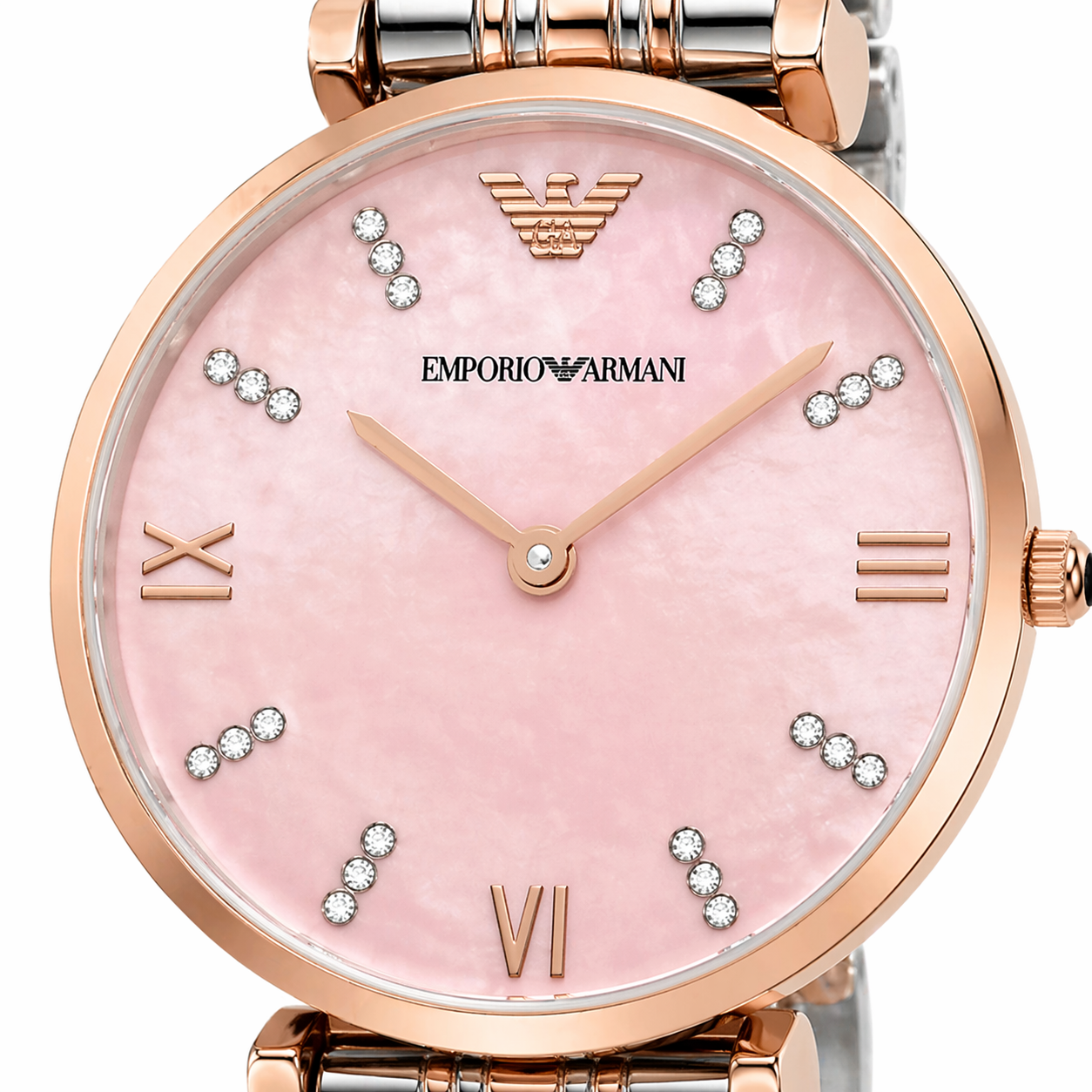 Emporio Armani Elegant Slim Pink Dial Watch – Rose Gold Case Dual-Tone Stainless Steel Bracelet