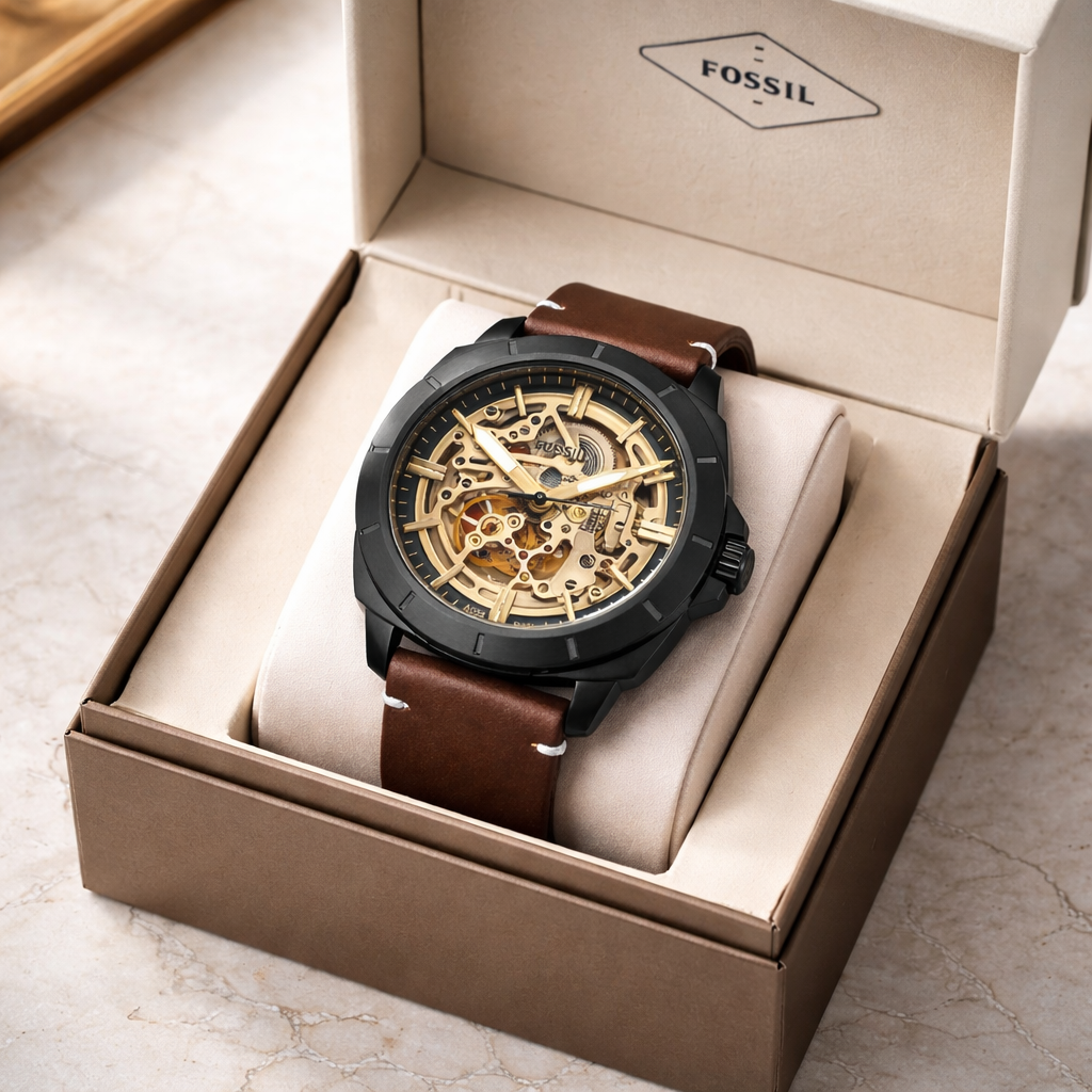 Fossil Skeleton Automatic Black Case Brown Leather Watch