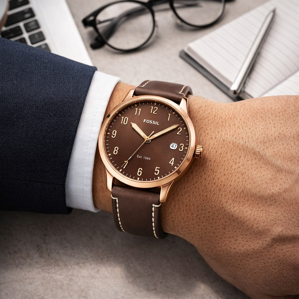 Fossil Classic Brown Dial Rose Gold Case Brown Leather Strap