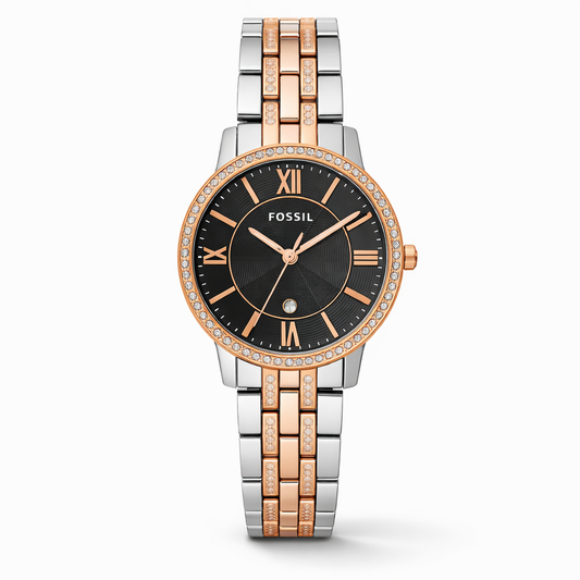 Fossil Crystal Bezel Black Dial Two-Tone Stainless Steel Bracelet