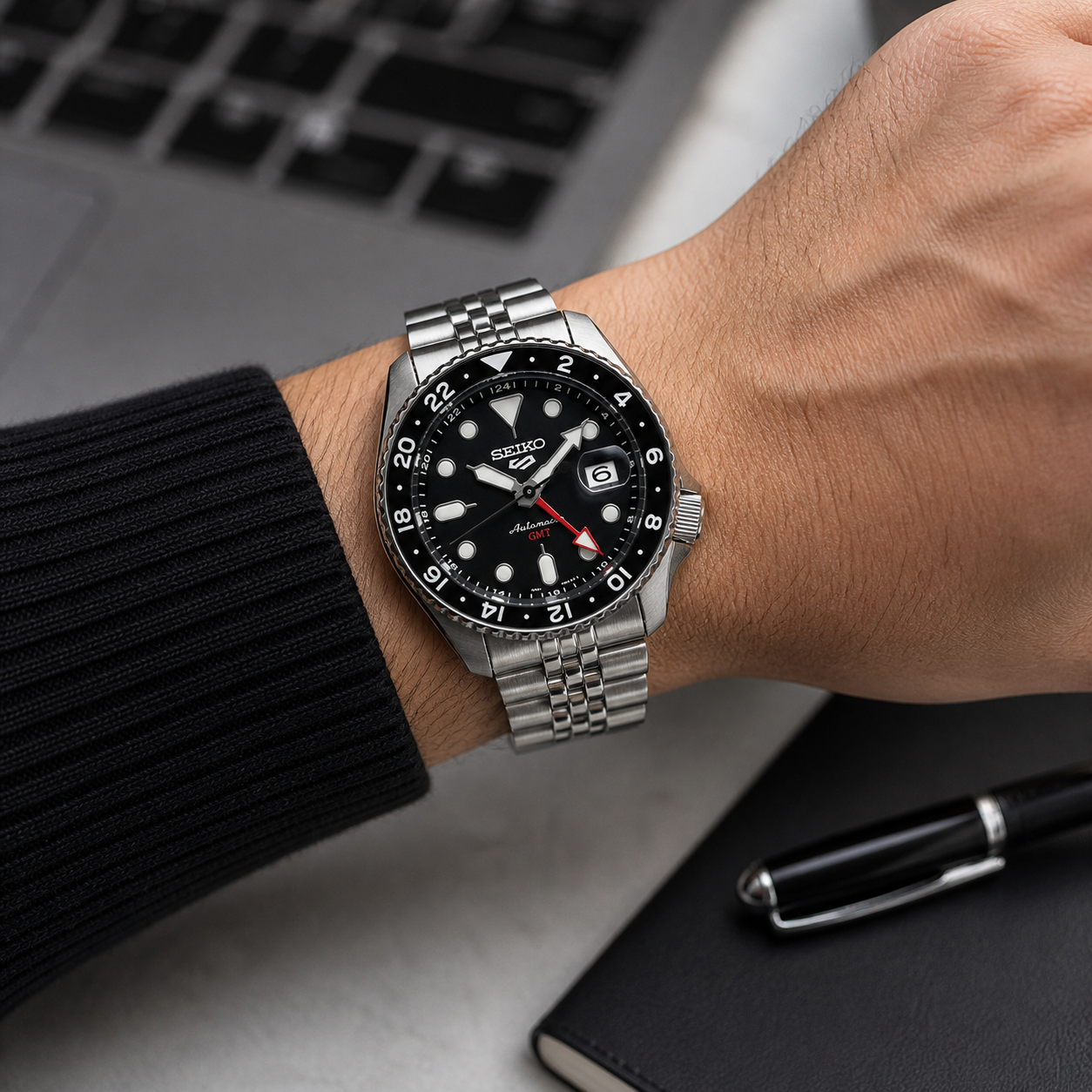 Seiko 5 GMT Automatic Stainless Steel Black Dial Jubilee Watch (Black Bezel)