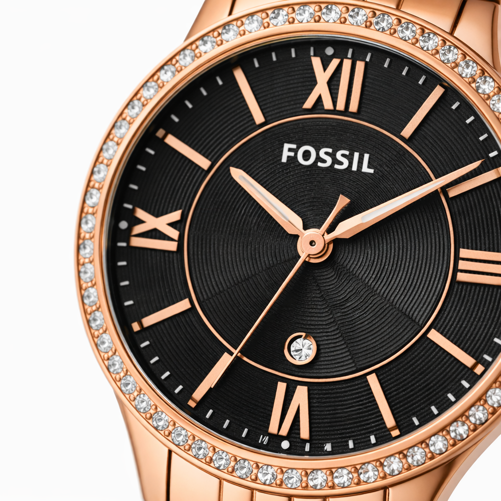 Fossil Crystal Bezel Black Dial Rose Gold Stainless Steel Bracelet