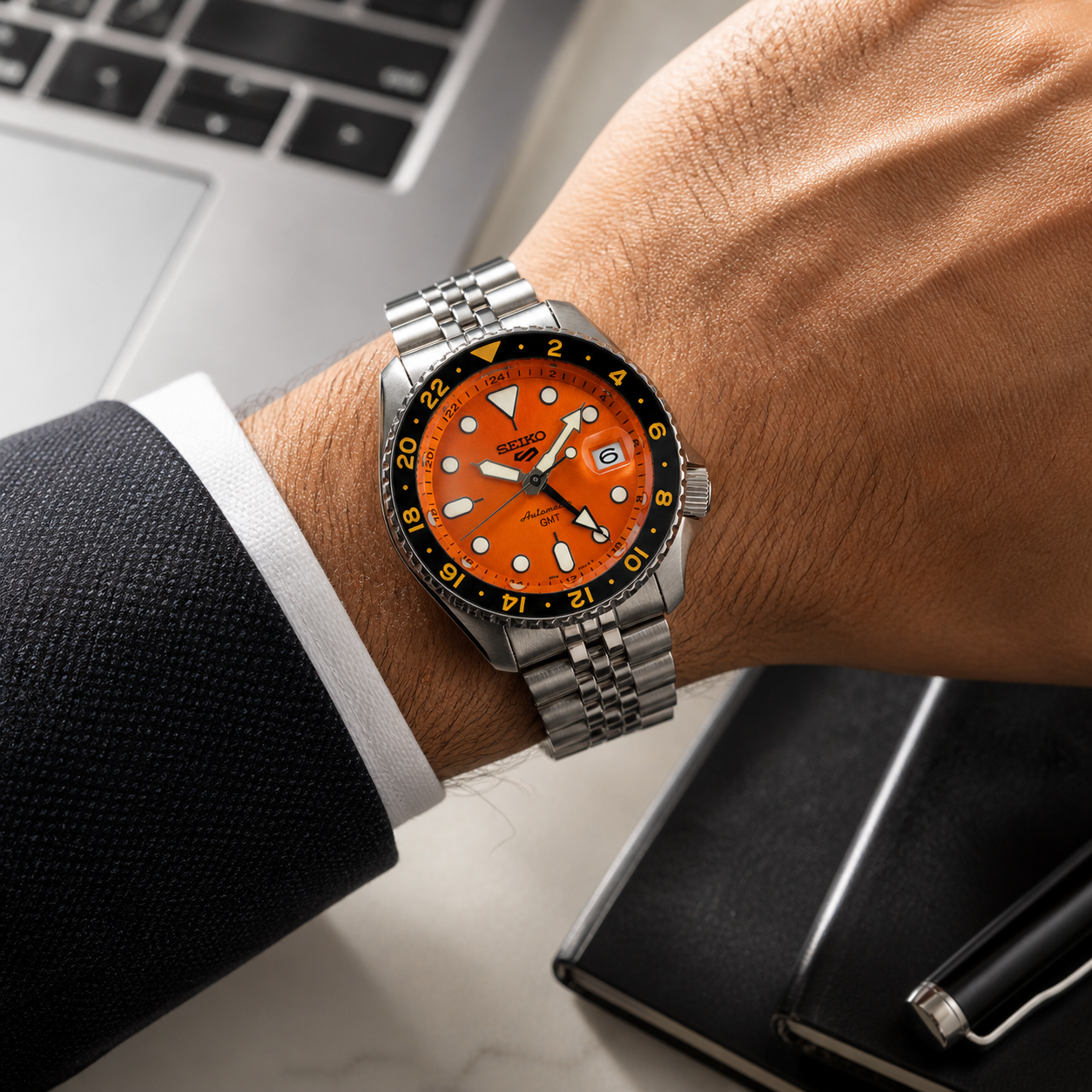 Seiko 5 GMT Automatic Stainless Steel Orange Dial Jubilee Watch