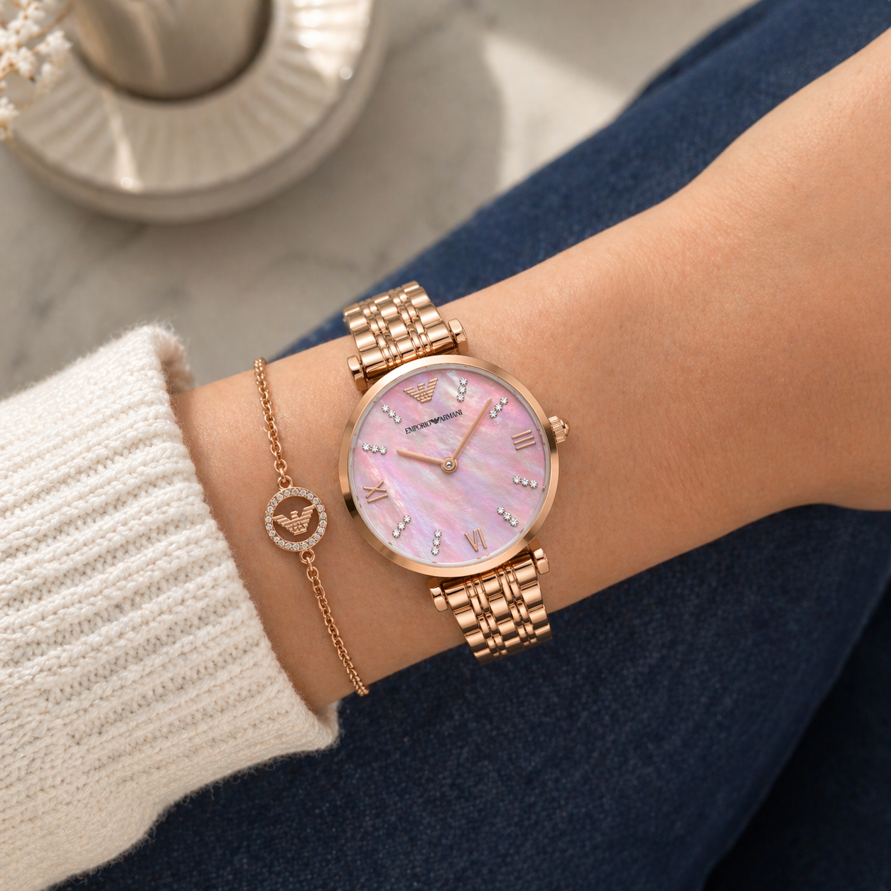 Emporio Armani Minimal Pink Mother-of-Pearl Dial Watch – Rose Gold Case Stainless Steel Bracelet