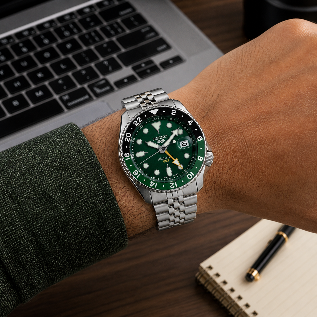 Seiko 5 GMT Automatic Stainless Steel Green Dial Jubilee Watch (Green Black Bezel)