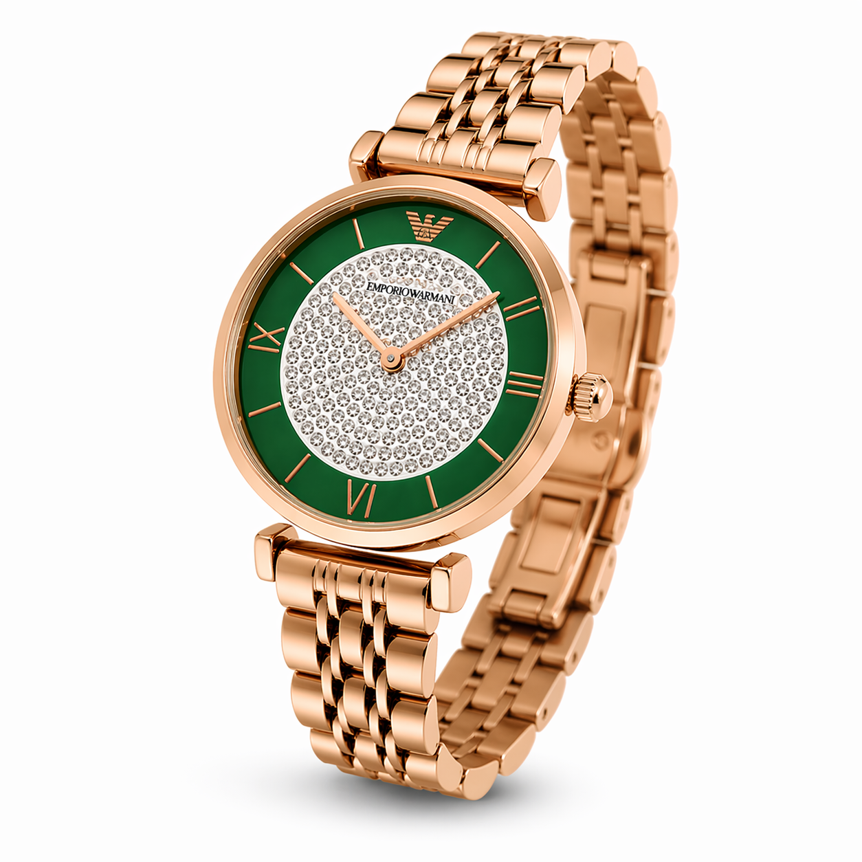 Emporio Armani Crystal Dial Elegance – Rose Gold Case Green Dial Stainless Steel Bracelet