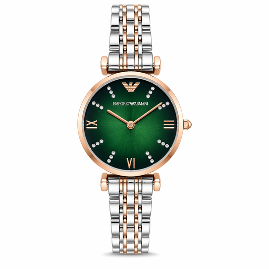 Emporio Armani Elegant Green Dial Rose Gold Case Dual-Tone Stainless Steel Watch