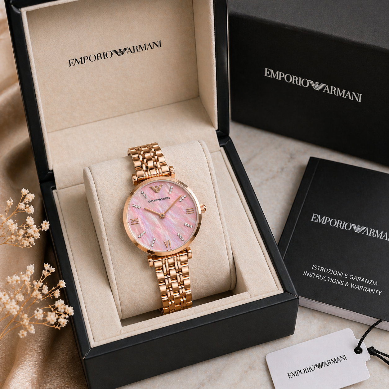 Emporio Armani Minimal Pink Mother-of-Pearl Dial Watch – Rose Gold Case Stainless Steel Bracelet