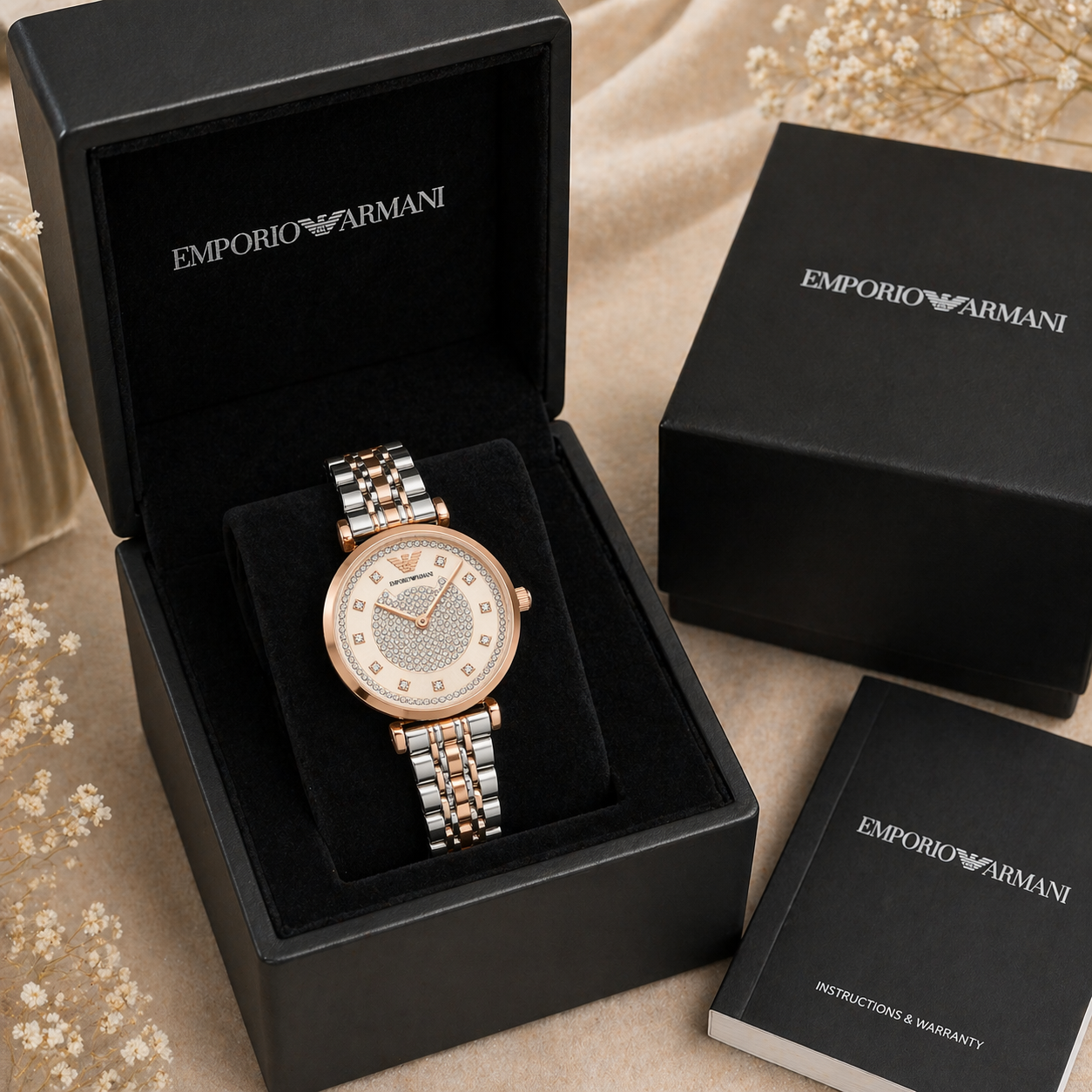 Emporio Armani Crystal Ring Dial Watch – Rose Gold Case Dual-Tone Stainless Steel Bracelet