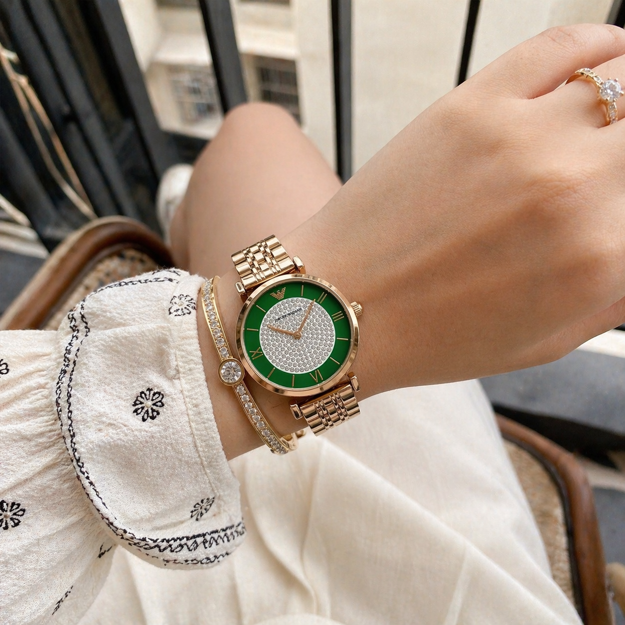 Emporio Armani Crystal Dial Elegance – Rose Gold Case Green Dial Stainless Steel Bracelet