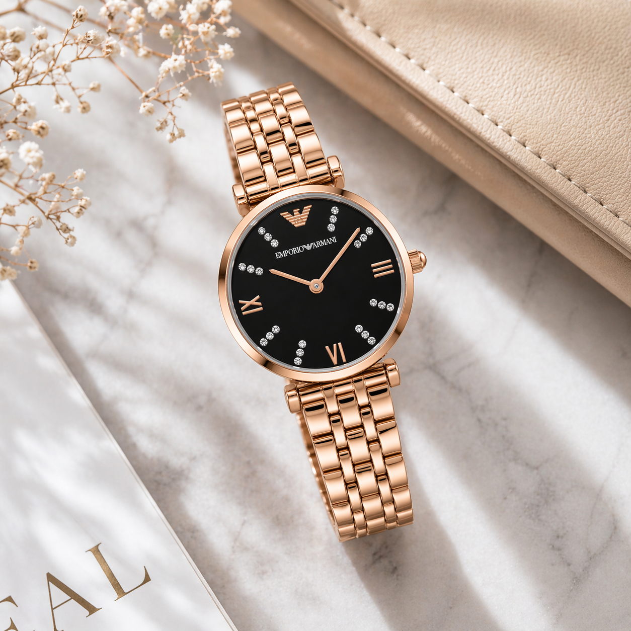 Emporio Armani Black Crystal Dial Watch – Rose Gold Case Stainless Steel Bracelet