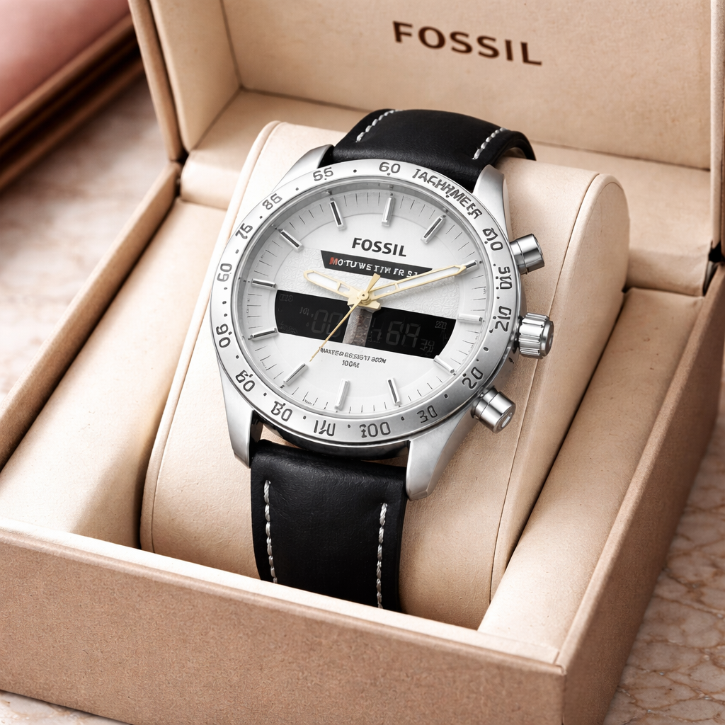 Fossil Hybrid Chronograph White Dial – Silver Case Black Leather Strap