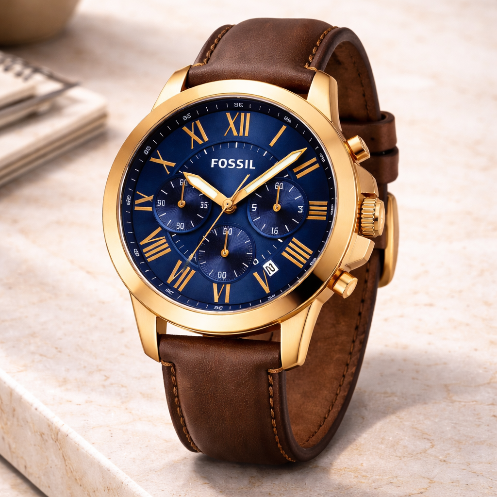 Fossil Chronograph Blue Dial Rose Gold Case Brown Leather Strap
