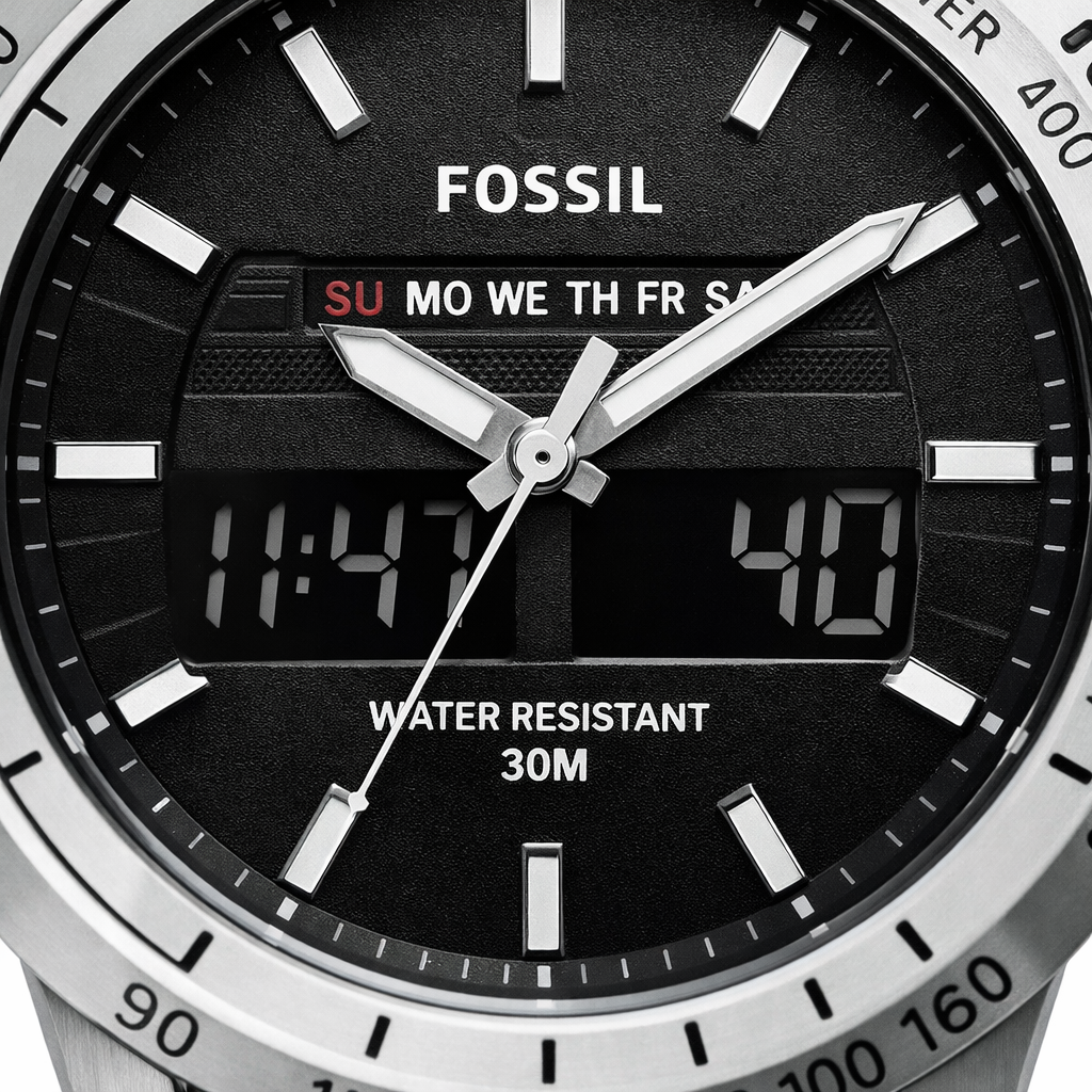 Fossil Hybrid Digital Black Dial Silver Case Brown Leather Strap