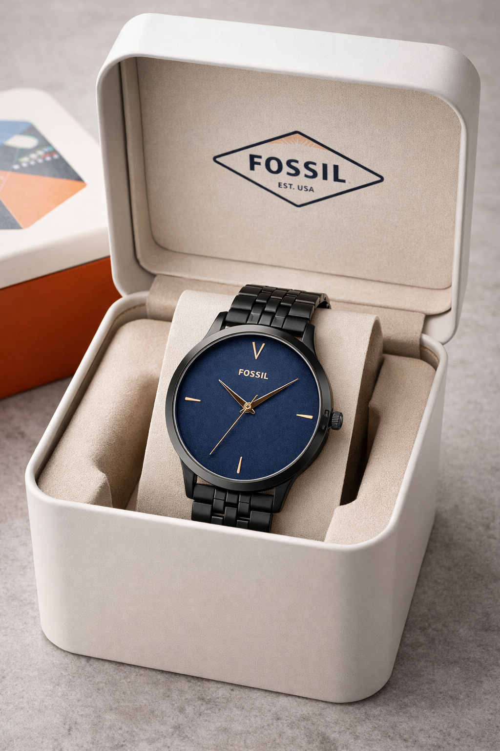 Fossil Minimal Blue Dial Black Stainless Steel Mesh Strap