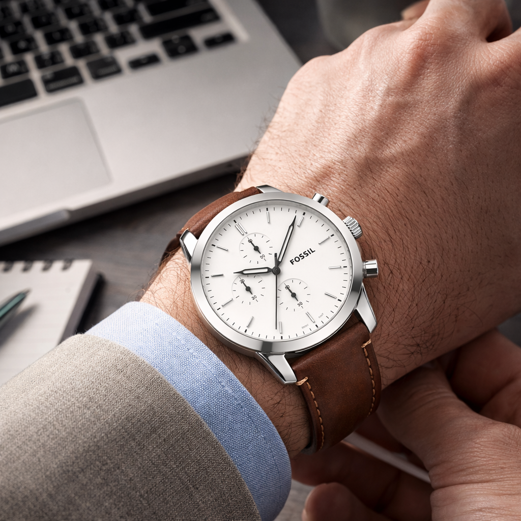 Fossil Chronograph White Dial Silver Case Brown Leather Strap