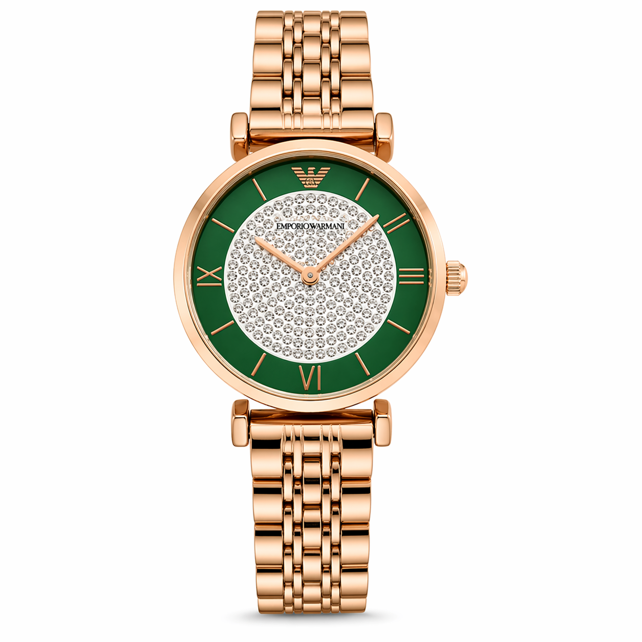 Emporio Armani Crystal Dial Elegance – Rose Gold Case Green Dial Stainless Steel Bracelet